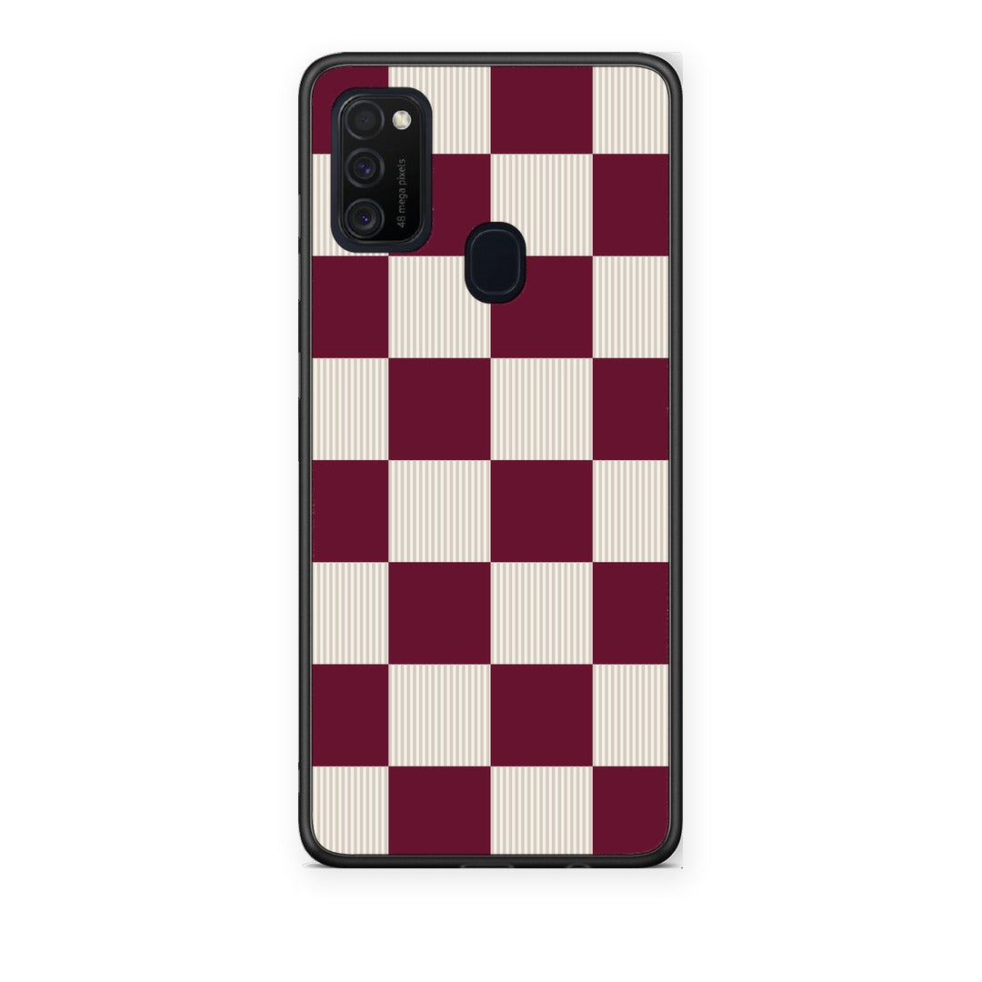 Θήκη Samsung Galaxy M21 / M30s Burgundy and Cream Striped Checks από τη Smartfits με σχέδιο στο πίσω μέρος και μαύρο περίβλημα | Samsung Galaxy M21 / M30s Burgundy and Cream Striped Checks case with colorful back and black bezels