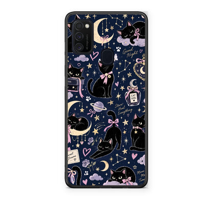 Θήκη Samsung Galaxy M21 / M30s Celestial Black Cats on Navy από τη Smartfits με σχέδιο στο πίσω μέρος και μαύρο περίβλημα | Samsung Galaxy M21 / M30s Celestial Black Cats on Navy case with colorful back and black bezels
