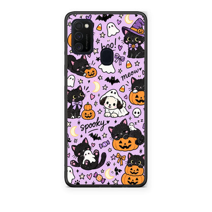 Θήκη Samsung Galaxy M21 / M30s Halloween Black Cats on Lilac από τη Smartfits με σχέδιο στο πίσω μέρος και μαύρο περίβλημα | Samsung Galaxy M21 / M30s Halloween Black Cats on Lilac case with colorful back and black bezels