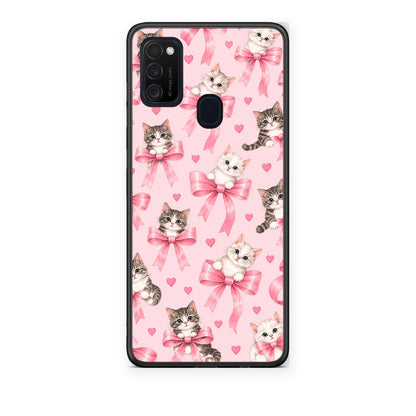 Θήκη Samsung Galaxy M21 / M30s Kittens and Pink Bows on Pink από τη Smartfits με σχέδιο στο πίσω μέρος και μαύρο περίβλημα | Samsung Galaxy M21 / M30s Kittens and Pink Bows on Pink case with colorful back and black bezels