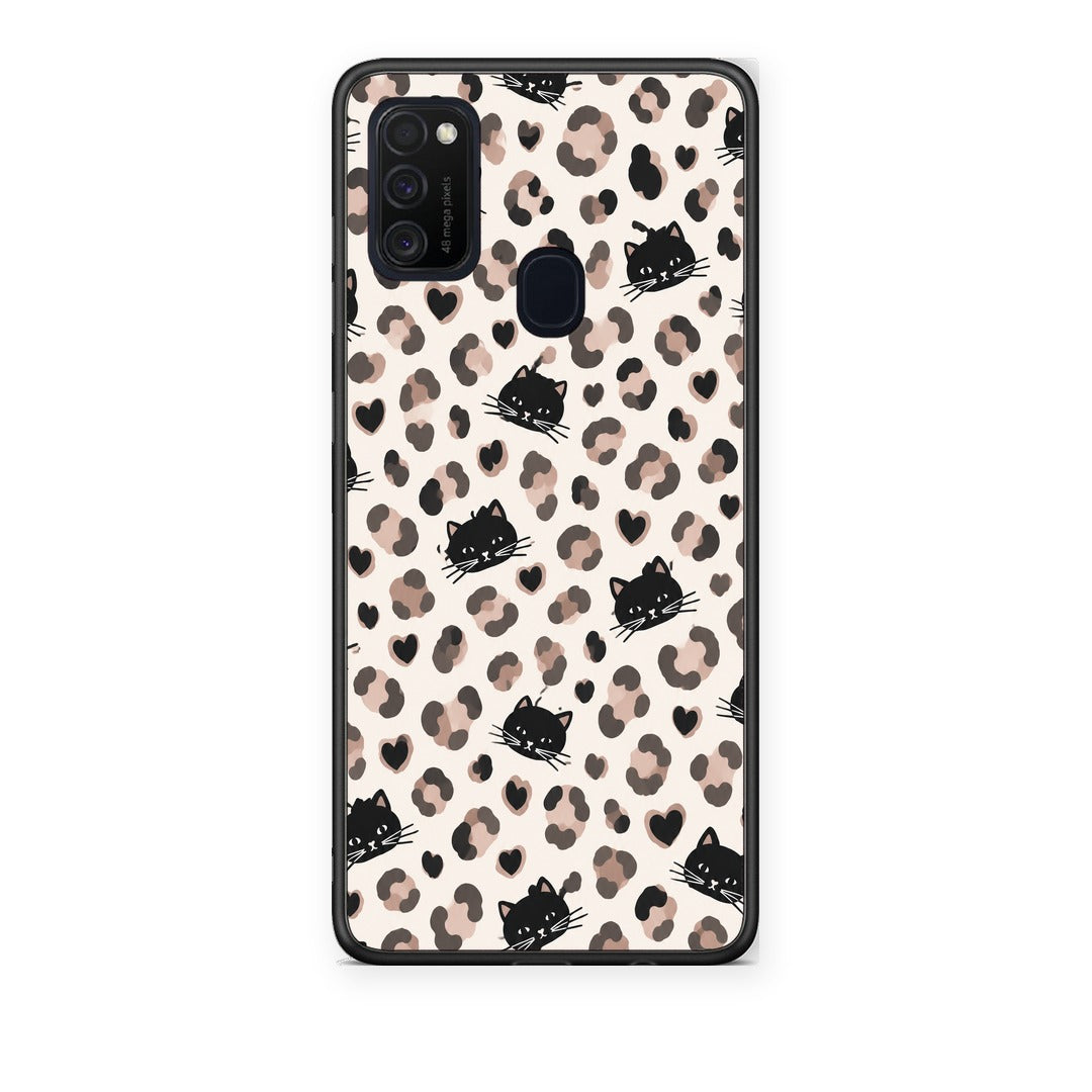 Θήκη Samsung Galaxy M21 / M30s Leopard Spots and Black Cats on Cream από τη Smartfits με σχέδιο στο πίσω μέρος και μαύρο περίβλημα | Samsung Galaxy M21 / M30s Leopard Spots and Black Cats on Cream case with colorful back and black bezels