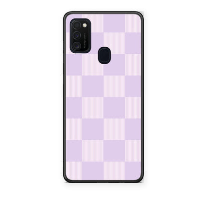 Θήκη Samsung Galaxy M21 / M30s Lilac and Cream Striped Checks από τη Smartfits με σχέδιο στο πίσω μέρος και μαύρο περίβλημα | Samsung Galaxy M21 / M30s Lilac and Cream Striped Checks case with colorful back and black bezels