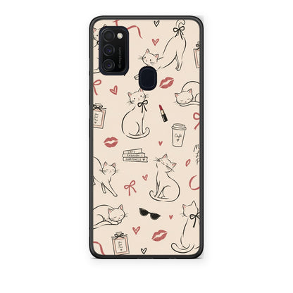 Θήκη Samsung Galaxy M21 / M30s Minimal Cat and Fashion Doodles on Cream από τη Smartfits με σχέδιο στο πίσω μέρος και μαύρο περίβλημα | Samsung Galaxy M21 / M30s Minimal Cat and Fashion Doodles on Cream case with colorful back and black bezels