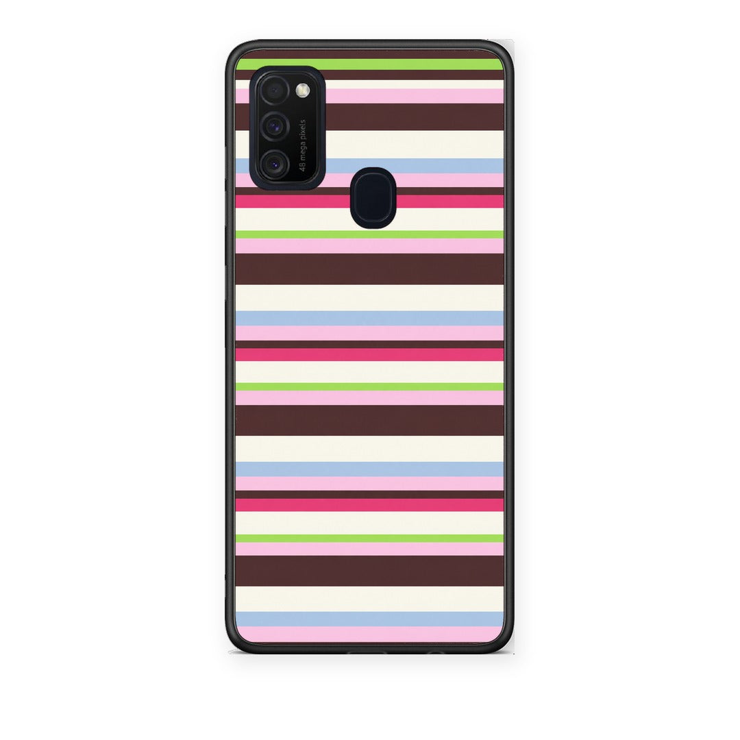 Θήκη Samsung Galaxy M21 / M30s Multicolour Horizontal Stripes από τη Smartfits με σχέδιο στο πίσω μέρος και μαύρο περίβλημα | Samsung Galaxy M21 / M30s Multicolour Horizontal Stripes case with colorful back and black bezels