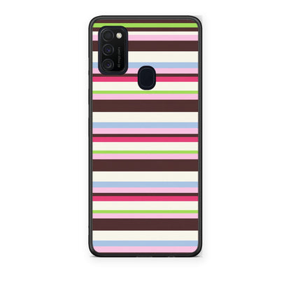 Θήκη Samsung Galaxy M21 / M30s Multicolour Horizontal Stripes από τη Smartfits με σχέδιο στο πίσω μέρος και μαύρο περίβλημα | Samsung Galaxy M21 / M30s Multicolour Horizontal Stripes case with colorful back and black bezels