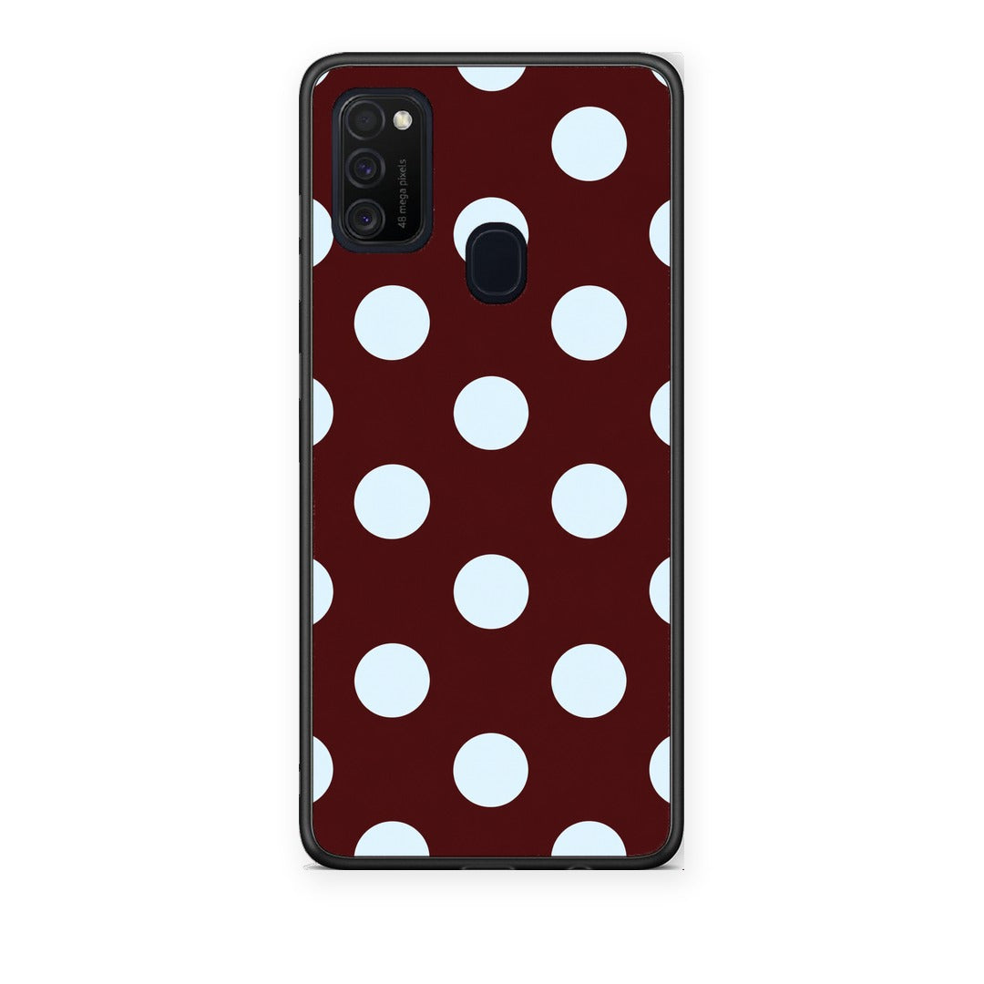 Θήκη Samsung Galaxy M21 / M30s Pale Blue Large Polka Dots on Burgundy από τη Smartfits με σχέδιο στο πίσω μέρος και μαύρο περίβλημα | Samsung Galaxy M21 / M30s Pale Blue Large Polka Dots on Burgundy case with colorful back and black bezels