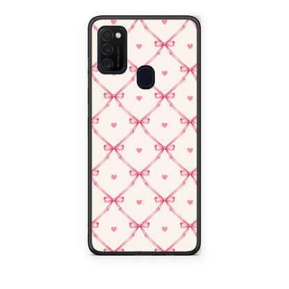 Θήκη Samsung Galaxy M21 / M30s Pink Bow Lattice and Hearts on Cream από τη Smartfits με σχέδιο στο πίσω μέρος και μαύρο περίβλημα | Samsung Galaxy M21 / M30s Pink Bow Lattice and Hearts on Cream case with colorful back and black bezels