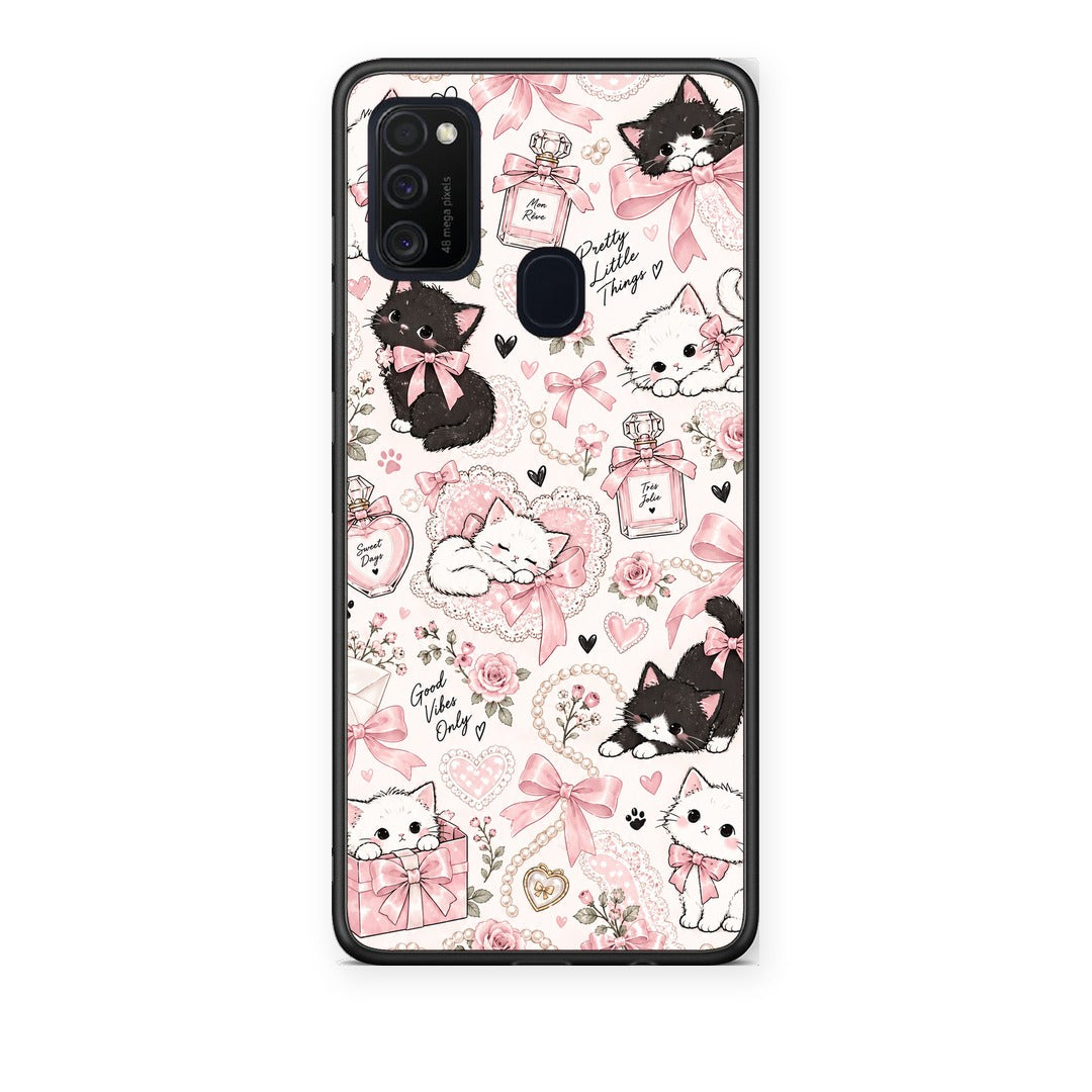 Θήκη Samsung Galaxy M21 / M30s Pink Bows and Kittens Collage από τη Smartfits με σχέδιο στο πίσω μέρος και μαύρο περίβλημα | Samsung Galaxy M21 / M30s Pink Bows and Kittens Collage case with colorful back and black bezels