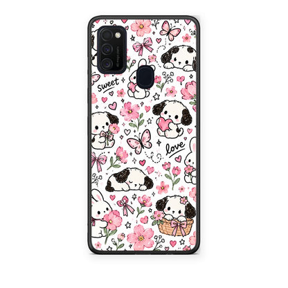 Θήκη Samsung Galaxy M21 / M30s Pink Florals Puppies and Bunnies on White από τη Smartfits με σχέδιο στο πίσω μέρος και μαύρο περίβλημα | Samsung Galaxy M21 / M30s Pink Florals Puppies and Bunnies on White case with colorful back and black bezels