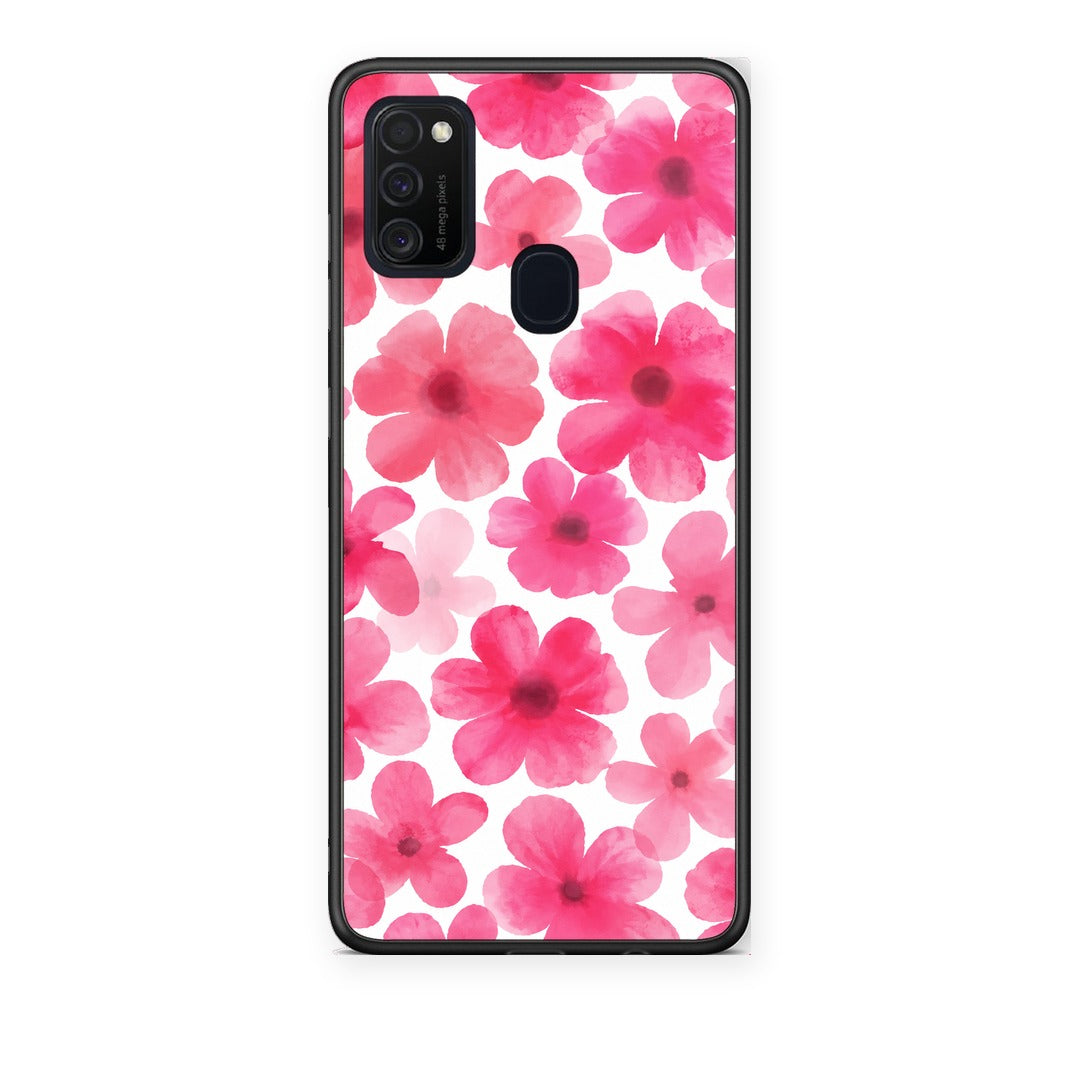 Θήκη Samsung Galaxy M21 / M30s Pink Watercolour Flowers on White από τη Smartfits με σχέδιο στο πίσω μέρος και μαύρο περίβλημα | Samsung Galaxy M21 / M30s Pink Watercolour Flowers on White case with colorful back and black bezels