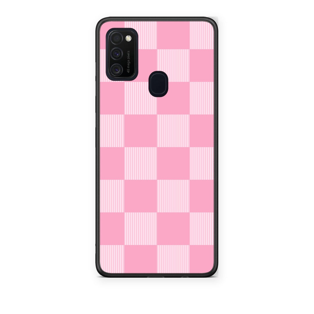 Θήκη Samsung Galaxy M21 / M30s Pink and White Striped Checks από τη Smartfits με σχέδιο στο πίσω μέρος και μαύρο περίβλημα | Samsung Galaxy M21 / M30s Pink and White Striped Checks case with colorful back and black bezels