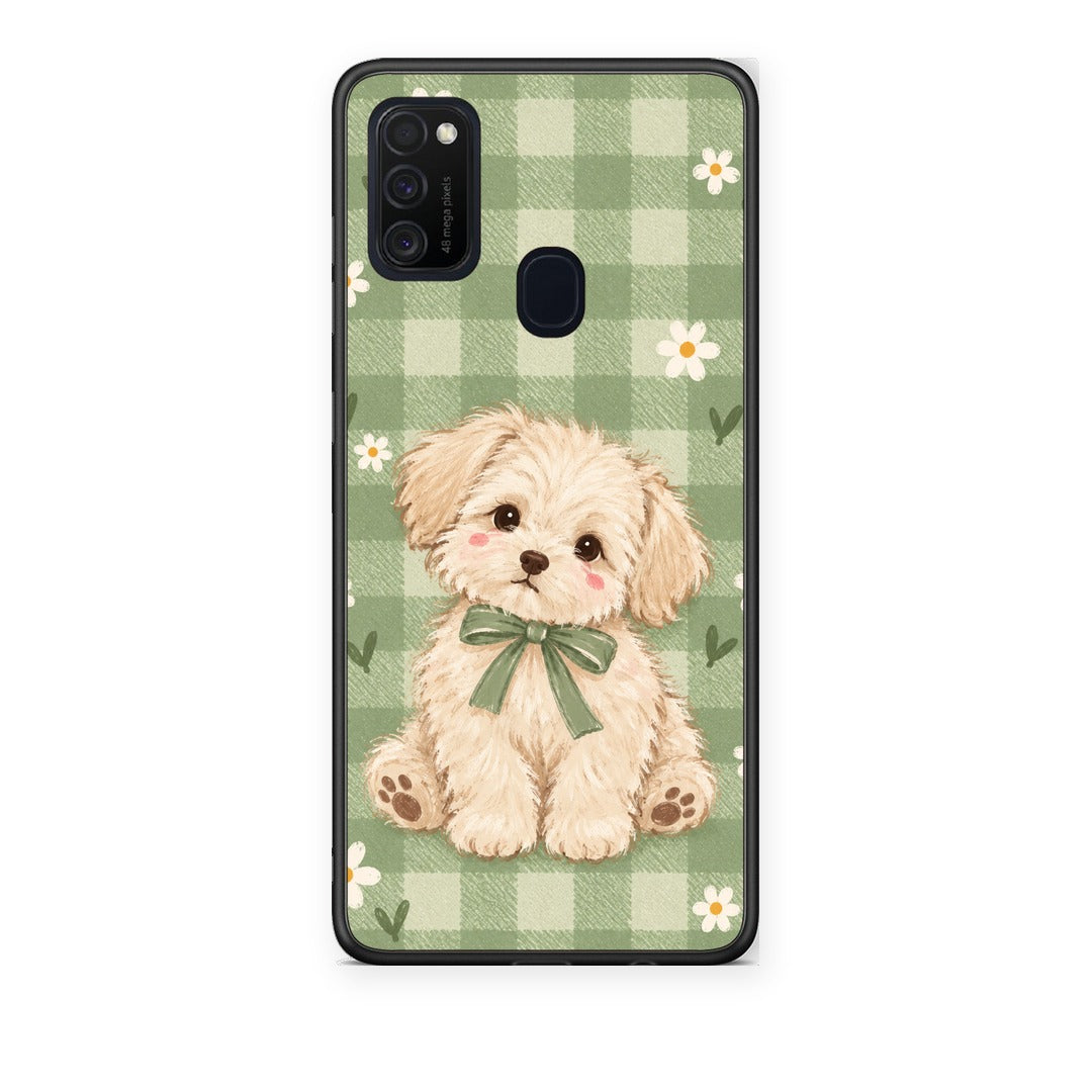 Θήκη Samsung Galaxy M21 / M30s Puppy and Daisies on Sage Gingham από τη Smartfits με σχέδιο στο πίσω μέρος και μαύρο περίβλημα | Samsung Galaxy M21 / M30s Puppy and Daisies on Sage Gingham case with colorful back and black bezels