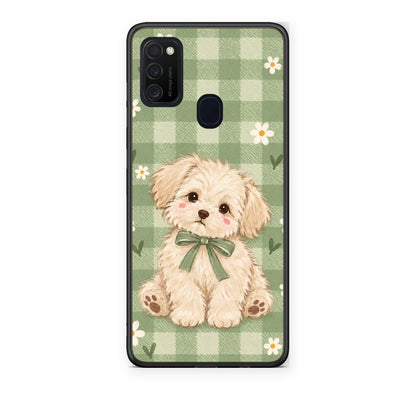 Θήκη Samsung Galaxy M21 / M30s Puppy and Daisies on Sage Gingham από τη Smartfits με σχέδιο στο πίσω μέρος και μαύρο περίβλημα | Samsung Galaxy M21 / M30s Puppy and Daisies on Sage Gingham case with colorful back and black bezels