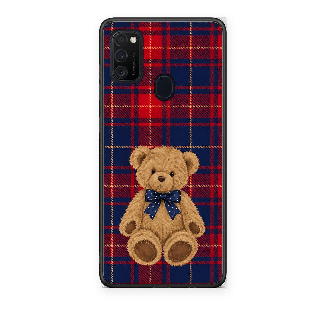 Θήκη Samsung Galaxy M21 / M30s Teddy Bear on Red and Navy Tartan από τη Smartfits με σχέδιο στο πίσω μέρος και μαύρο περίβλημα | Samsung Galaxy M21 / M30s Teddy Bear on Red and Navy Tartan case with colorful back and black bezels
