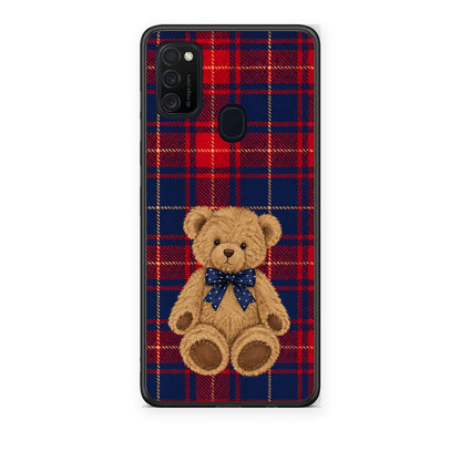 Θήκη Samsung Galaxy M21 / M30s Teddy Bear on Red and Navy Tartan από τη Smartfits με σχέδιο στο πίσω μέρος και μαύρο περίβλημα | Samsung Galaxy M21 / M30s Teddy Bear on Red and Navy Tartan case with colorful back and black bezels