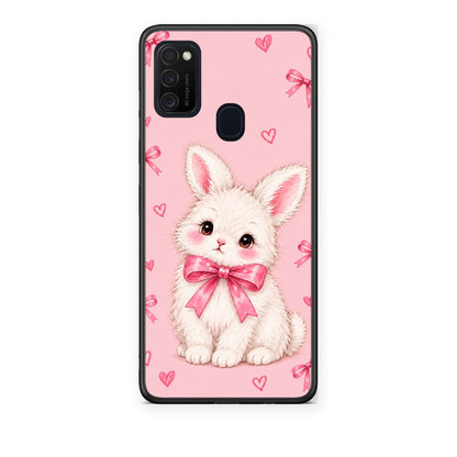 Θήκη Samsung Galaxy M21 / M30s White Bunny and Pink Bows από τη Smartfits με σχέδιο στο πίσω μέρος και μαύρο περίβλημα | Samsung Galaxy M21 / M30s White Bunny and Pink Bows case with colorful back and black bezels