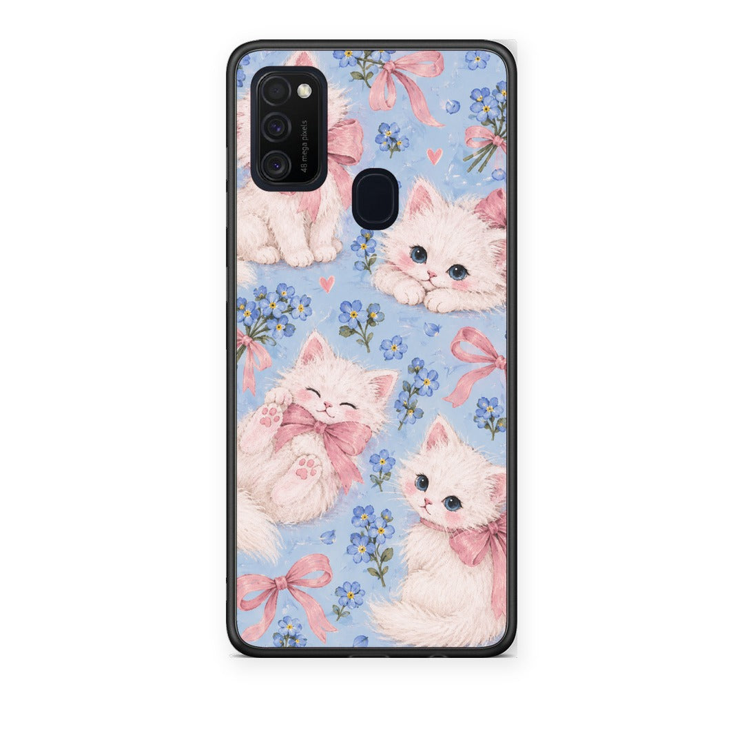 Θήκη Samsung Galaxy M21 / M30s White Kittens and Blue Flowers Large από τη Smartfits με σχέδιο στο πίσω μέρος και μαύρο περίβλημα | Samsung Galaxy M21 / M30s White Kittens and Blue Flowers Large case with colorful back and black bezels
