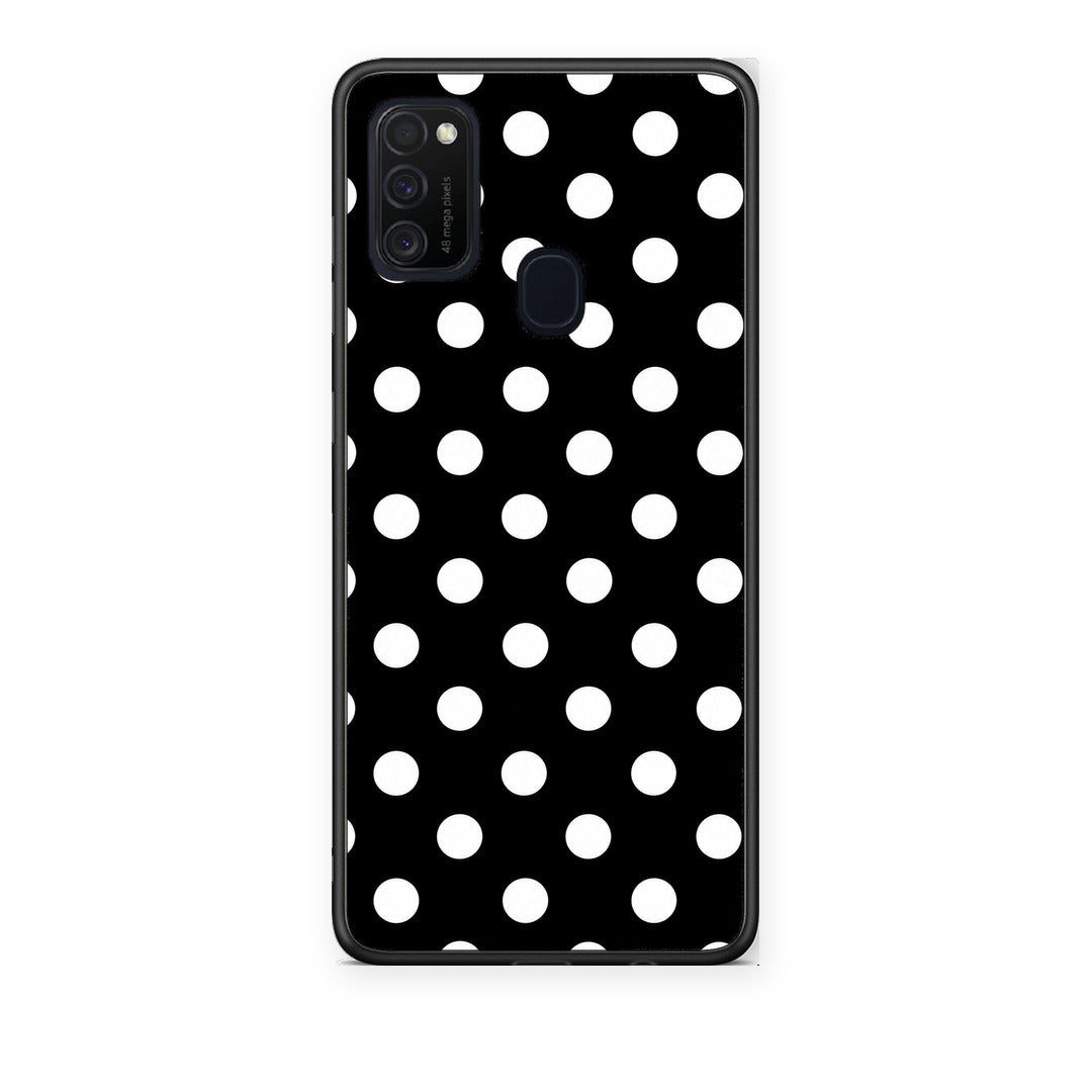 Θήκη Samsung Galaxy M21 / M30s White Polka Dots on Black από τη Smartfits με σχέδιο στο πίσω μέρος και μαύρο περίβλημα | Samsung Galaxy M21 / M30s White Polka Dots on Black case with colorful back and black bezels
