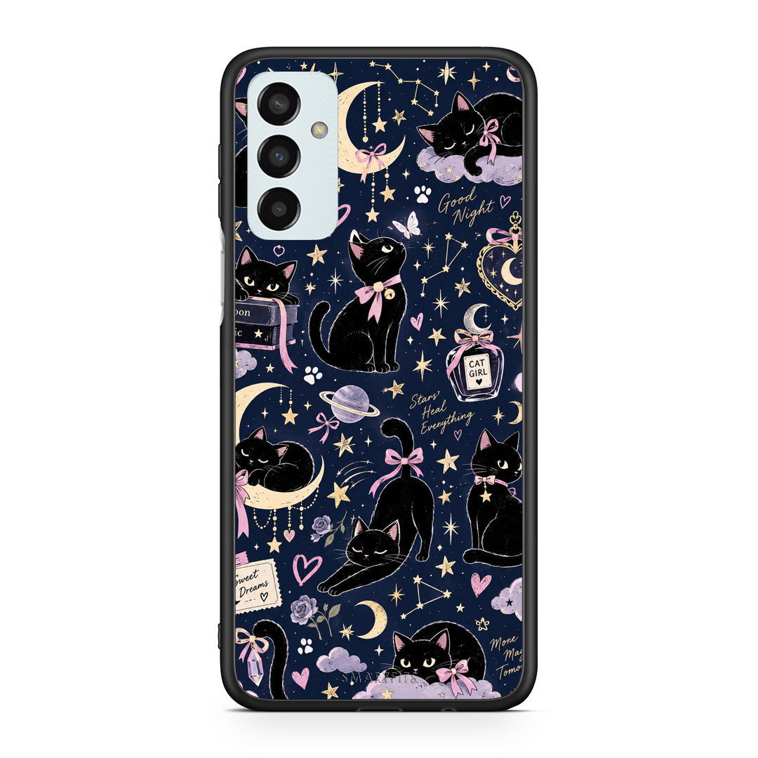 Θήκη Samsung Galaxy M23 / F23 Celestial Black Cats on Navy από τη Smartfits με σχέδιο στο πίσω μέρος και μαύρο περίβλημα | Samsung Galaxy M23 / F23 Celestial Black Cats on Navy case with colorful back and black bezels