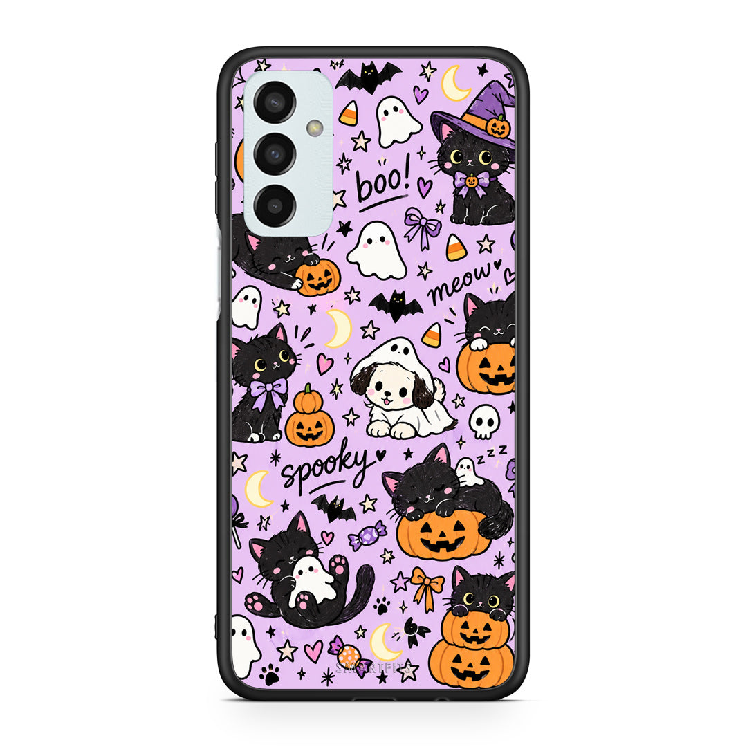 Θήκη Samsung Galaxy M23 / F23 Halloween Black Cats on Lilac από τη Smartfits με σχέδιο στο πίσω μέρος και μαύρο περίβλημα | Samsung Galaxy M23 / F23 Halloween Black Cats on Lilac case with colorful back and black bezels