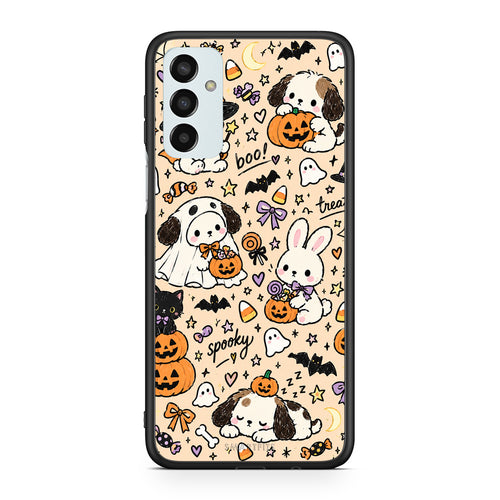 Θήκη Samsung Galaxy M23 / F23 Halloween Puppies and Friends on Cream από τη Smartfits με σχέδιο στο πίσω μέρος και μαύρο περίβλημα | Samsung Galaxy M23 / F23 Halloween Puppies and Friends on Cream case with colorful back and black bezels