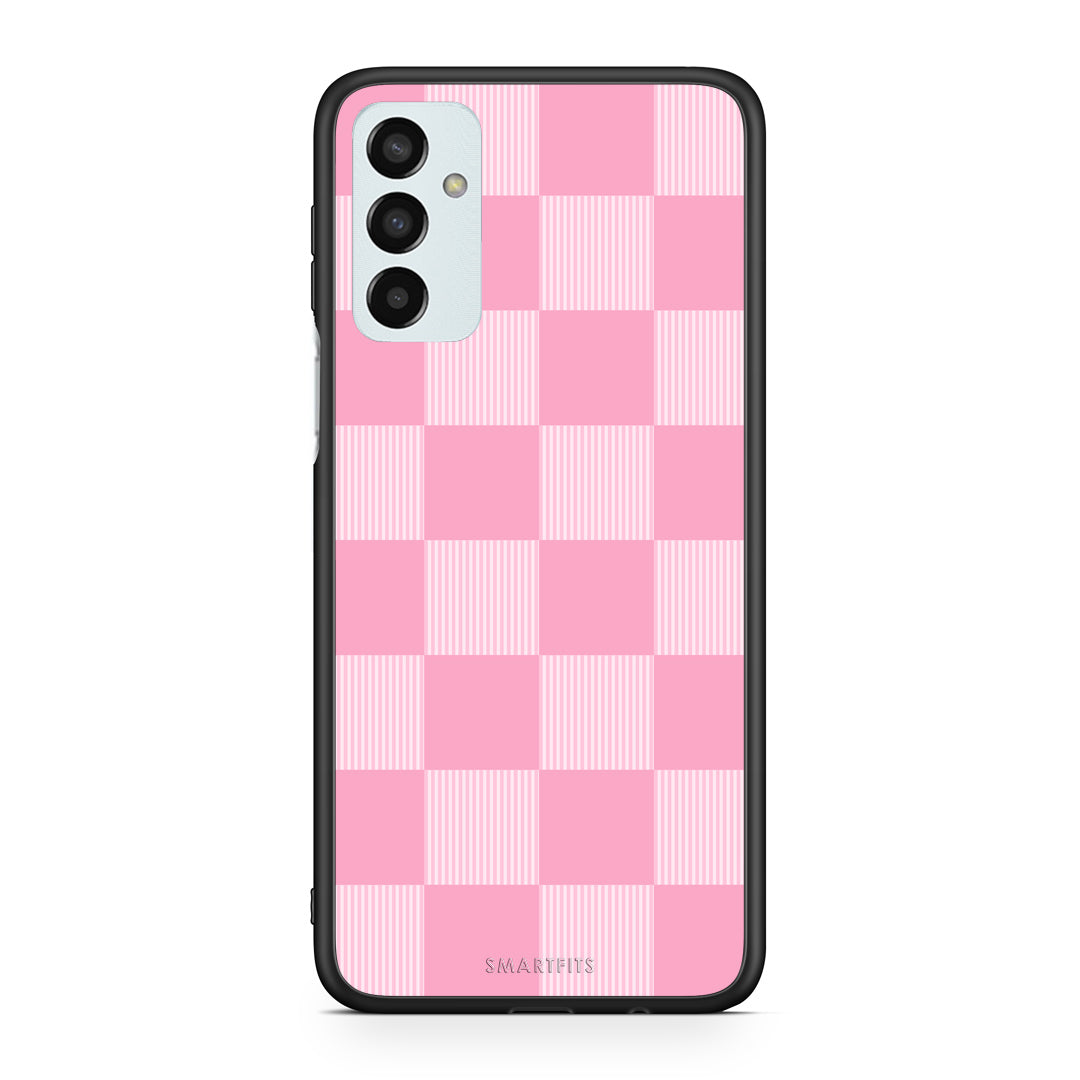 Θήκη Samsung Galaxy M23 / F23 Pink and White Striped Checks από τη Smartfits με σχέδιο στο πίσω μέρος και μαύρο περίβλημα | Samsung Galaxy M23 / F23 Pink and White Striped Checks case with colorful back and black bezels