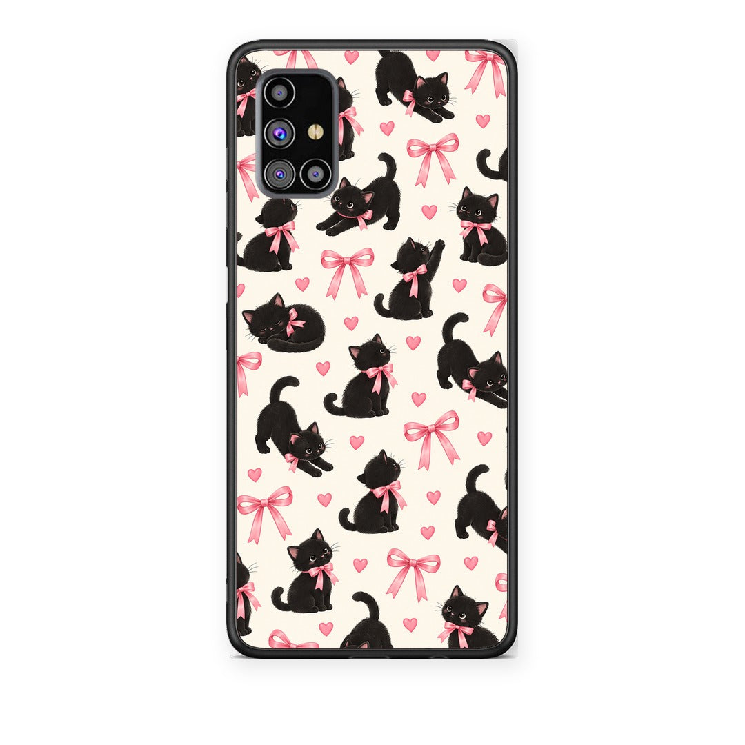 Θήκη Samsung Galaxy M31s Black Kittens and Pink Bows on Cream Small από τη Smartfits με σχέδιο στο πίσω μέρος και μαύρο περίβλημα | Samsung Galaxy M31s Black Kittens and Pink Bows on Cream Small case with colorful back and black bezels