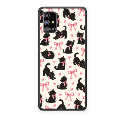 Θήκη Samsung Galaxy M31s Black Kittens and Pink Bows on Cream Small από τη Smartfits με σχέδιο στο πίσω μέρος και μαύρο περίβλημα | Samsung Galaxy M31s Black Kittens and Pink Bows on Cream Small case with colorful back and black bezels