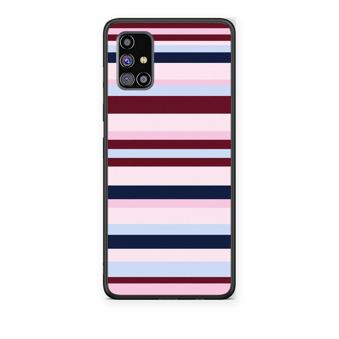 Θήκη Samsung Galaxy M31s Burgundy Pink and Blue Horizontal Stripes από τη Smartfits με σχέδιο στο πίσω μέρος και μαύρο περίβλημα | Samsung Galaxy M31s Burgundy Pink and Blue Horizontal Stripes case with colorful back and black bezels