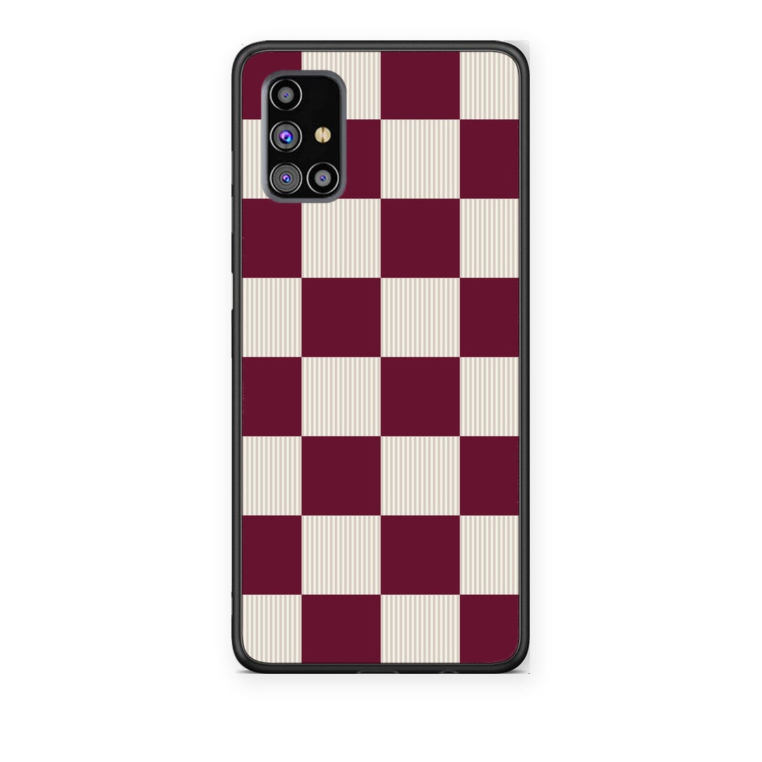 Θήκη Samsung Galaxy M31s Burgundy and Cream Striped Checks από τη Smartfits με σχέδιο στο πίσω μέρος και μαύρο περίβλημα | Samsung Galaxy M31s Burgundy and Cream Striped Checks case with colorful back and black bezels