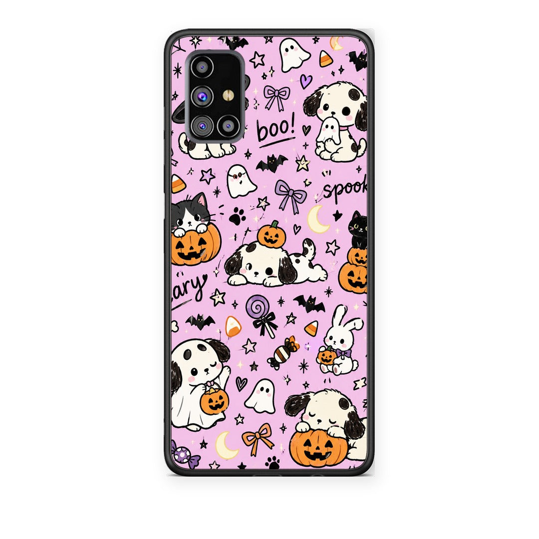 Θήκη Samsung Galaxy M31s Halloween Puppies and Friends on Lilac από τη Smartfits με σχέδιο στο πίσω μέρος και μαύρο περίβλημα | Samsung Galaxy M31s Halloween Puppies and Friends on Lilac case with colorful back and black bezels
