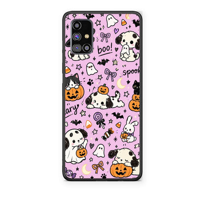 Θήκη Samsung Galaxy M31s Halloween Puppies and Friends on Lilac από τη Smartfits με σχέδιο στο πίσω μέρος και μαύρο περίβλημα | Samsung Galaxy M31s Halloween Puppies and Friends on Lilac case with colorful back and black bezels