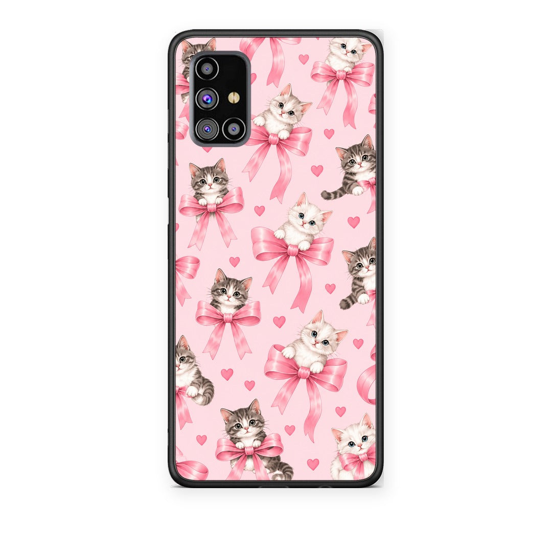 Θήκη Samsung Galaxy M31s Kittens and Pink Bows on Pink από τη Smartfits με σχέδιο στο πίσω μέρος και μαύρο περίβλημα | Samsung Galaxy M31s Kittens and Pink Bows on Pink case with colorful back and black bezels