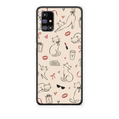 Θήκη Samsung Galaxy M31s Minimal Cat and Fashion Doodles on Cream από τη Smartfits με σχέδιο στο πίσω μέρος και μαύρο περίβλημα | Samsung Galaxy M31s Minimal Cat and Fashion Doodles on Cream case with colorful back and black bezels