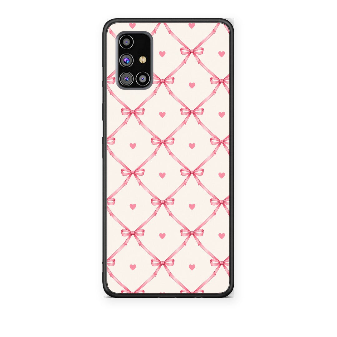 Θήκη Samsung Galaxy M31s Pink Bow Lattice and Hearts on Cream από τη Smartfits με σχέδιο στο πίσω μέρος και μαύρο περίβλημα | Samsung Galaxy M31s Pink Bow Lattice and Hearts on Cream case with colorful back and black bezels