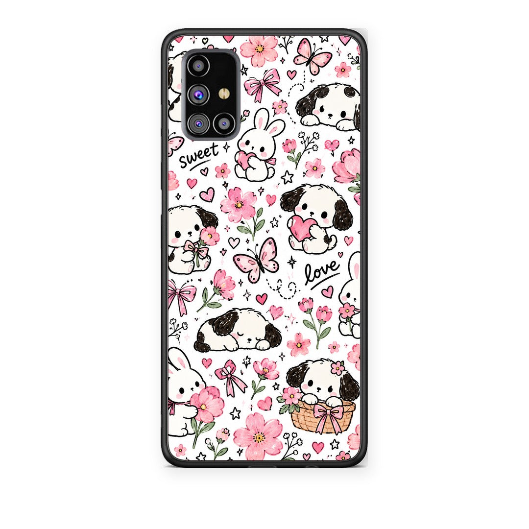 Θήκη Samsung Galaxy M31s Pink Florals Puppies and Bunnies on White από τη Smartfits με σχέδιο στο πίσω μέρος και μαύρο περίβλημα | Samsung Galaxy M31s Pink Florals Puppies and Bunnies on White case with colorful back and black bezels
