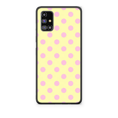 Θήκη Samsung Galaxy M31s Pink Polka Dots on Yellow από τη Smartfits με σχέδιο στο πίσω μέρος και μαύρο περίβλημα | Samsung Galaxy M31s Pink Polka Dots on Yellow case with colorful back and black bezels