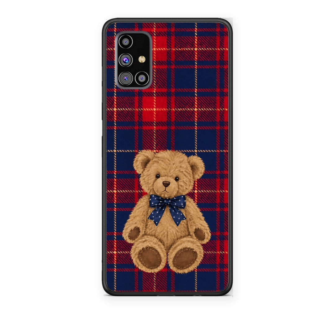 Θήκη Samsung Galaxy M31s Teddy Bear on Red and Navy Tartan από τη Smartfits με σχέδιο στο πίσω μέρος και μαύρο περίβλημα | Samsung Galaxy M31s Teddy Bear on Red and Navy Tartan case with colorful back and black bezels