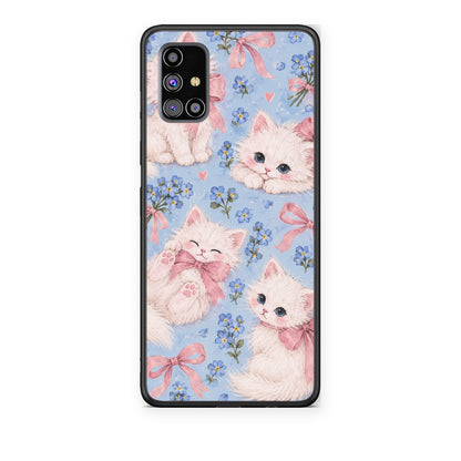 Θήκη Samsung Galaxy M31s White Kittens and Blue Flowers Large από τη Smartfits με σχέδιο στο πίσω μέρος και μαύρο περίβλημα | Samsung Galaxy M31s White Kittens and Blue Flowers Large case with colorful back and black bezels