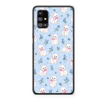 Θήκη Samsung Galaxy M31s White Kittens and Blue Flowers Small από τη Smartfits με σχέδιο στο πίσω μέρος και μαύρο περίβλημα | Samsung Galaxy M31s White Kittens and Blue Flowers Small case with colorful back and black bezels