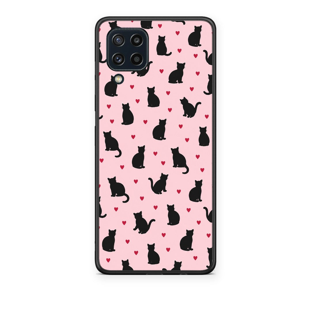 Θήκη Samsung Galaxy M32 4G / M22 Black Cat Silhouettes and Hearts on Pink από τη Smartfits με σχέδιο στο πίσω μέρος και μαύρο περίβλημα | Samsung Galaxy M32 4G / M22 Black Cat Silhouettes and Hearts on Pink case with colorful back and black bezels