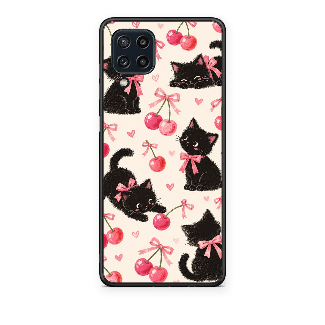 Θήκη Samsung Galaxy M32 4G / M22 Black Kittens and Cherries on Cream από τη Smartfits με σχέδιο στο πίσω μέρος και μαύρο περίβλημα | Samsung Galaxy M32 4G / M22 Black Kittens and Cherries on Cream case with colorful back and black bezels