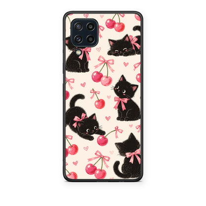 Θήκη Samsung Galaxy M32 4G / M22 Black Kittens and Cherries on Cream από τη Smartfits με σχέδιο στο πίσω μέρος και μαύρο περίβλημα | Samsung Galaxy M32 4G / M22 Black Kittens and Cherries on Cream case with colorful back and black bezels