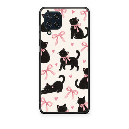 Θήκη Samsung Galaxy M32 4G / M22 Black Kittens and Pink Bows on Cream Large από τη Smartfits με σχέδιο στο πίσω μέρος και μαύρο περίβλημα | Samsung Galaxy M32 4G / M22 Black Kittens and Pink Bows on Cream Large case with colorful back and black bezels