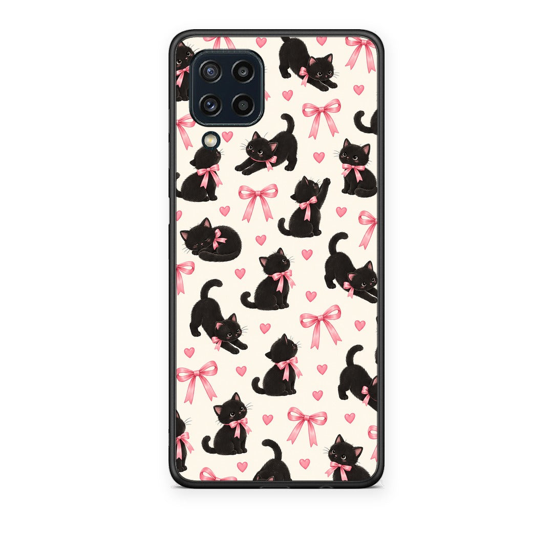 Θήκη Samsung Galaxy M32 4G / M22 Black Kittens and Pink Bows on Cream Small από τη Smartfits με σχέδιο στο πίσω μέρος και μαύρο περίβλημα | Samsung Galaxy M32 4G / M22 Black Kittens and Pink Bows on Cream Small case with colorful back and black bezels