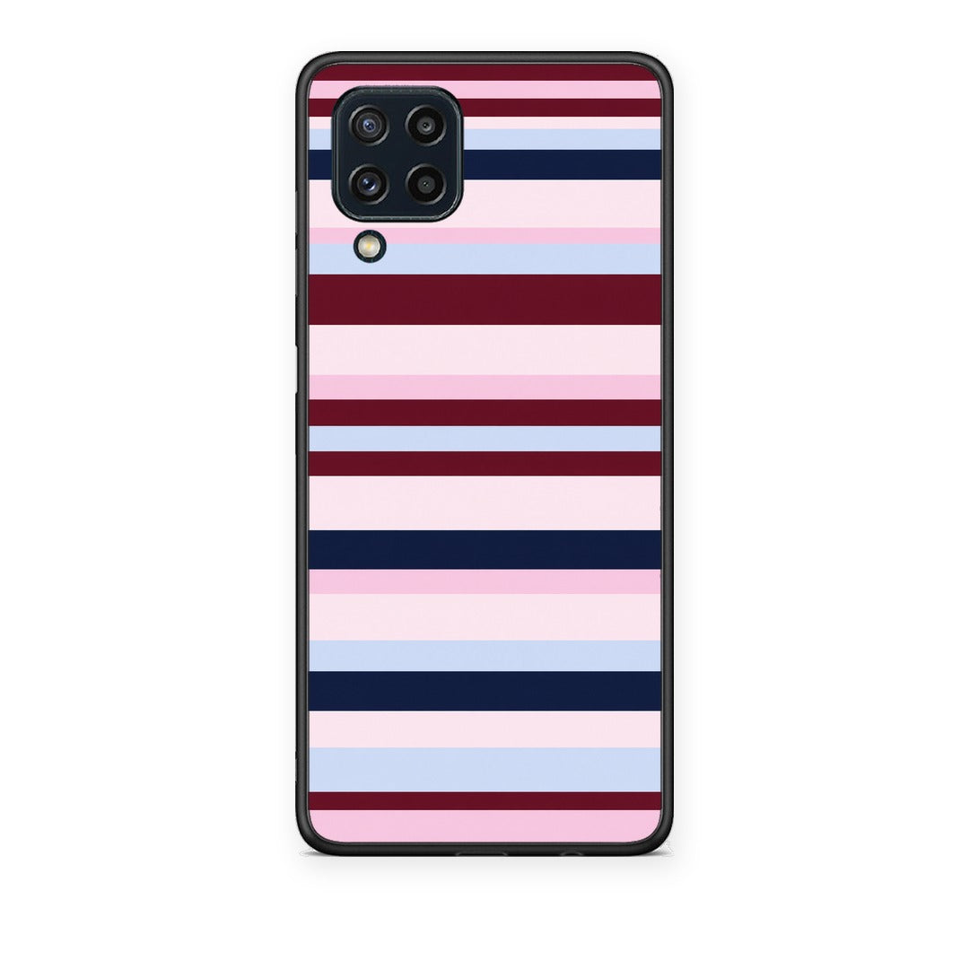 Θήκη Samsung Galaxy M32 4G / M22 Burgundy Pink and Blue Horizontal Stripes από τη Smartfits με σχέδιο στο πίσω μέρος και μαύρο περίβλημα | Samsung Galaxy M32 4G / M22 Burgundy Pink and Blue Horizontal Stripes case with colorful back and black bezels