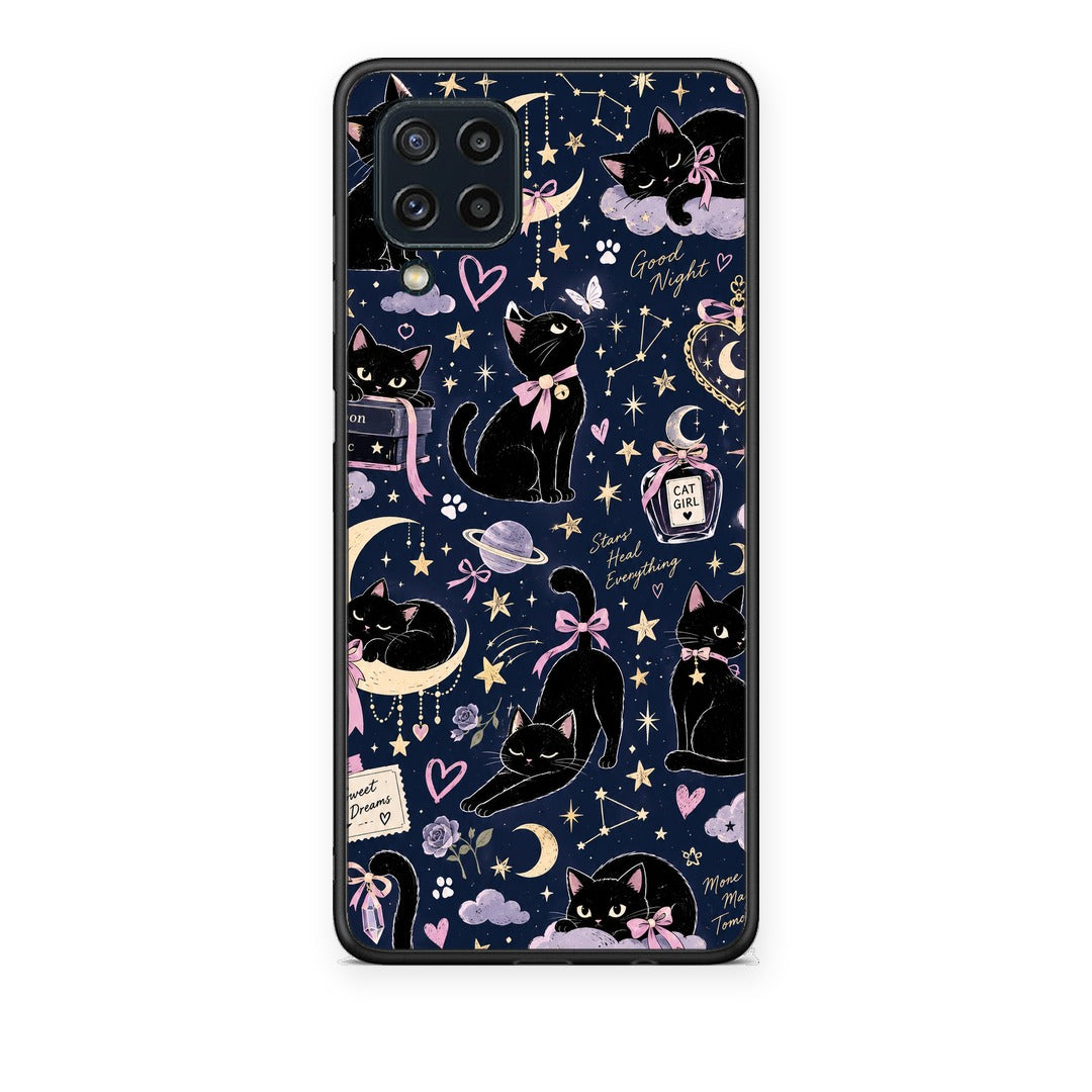 Θήκη Samsung Galaxy M32 4G / M22 Celestial Black Cats on Navy από τη Smartfits με σχέδιο στο πίσω μέρος και μαύρο περίβλημα | Samsung Galaxy M32 4G / M22 Celestial Black Cats on Navy case with colorful back and black bezels