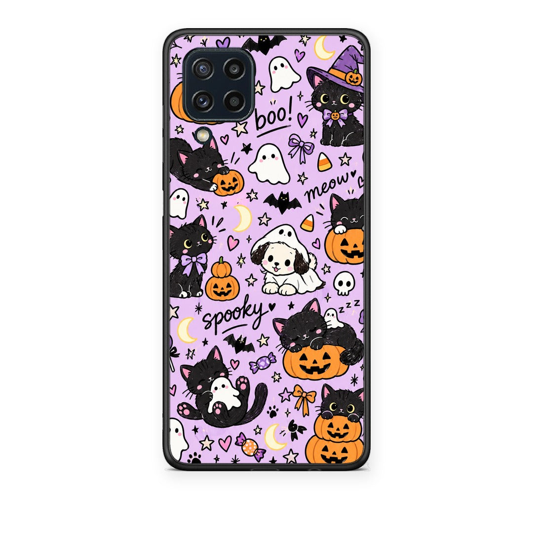 Θήκη Samsung Galaxy M32 4G / M22 Halloween Black Cats on Lilac από τη Smartfits με σχέδιο στο πίσω μέρος και μαύρο περίβλημα | Samsung Galaxy M32 4G / M22 Halloween Black Cats on Lilac case with colorful back and black bezels