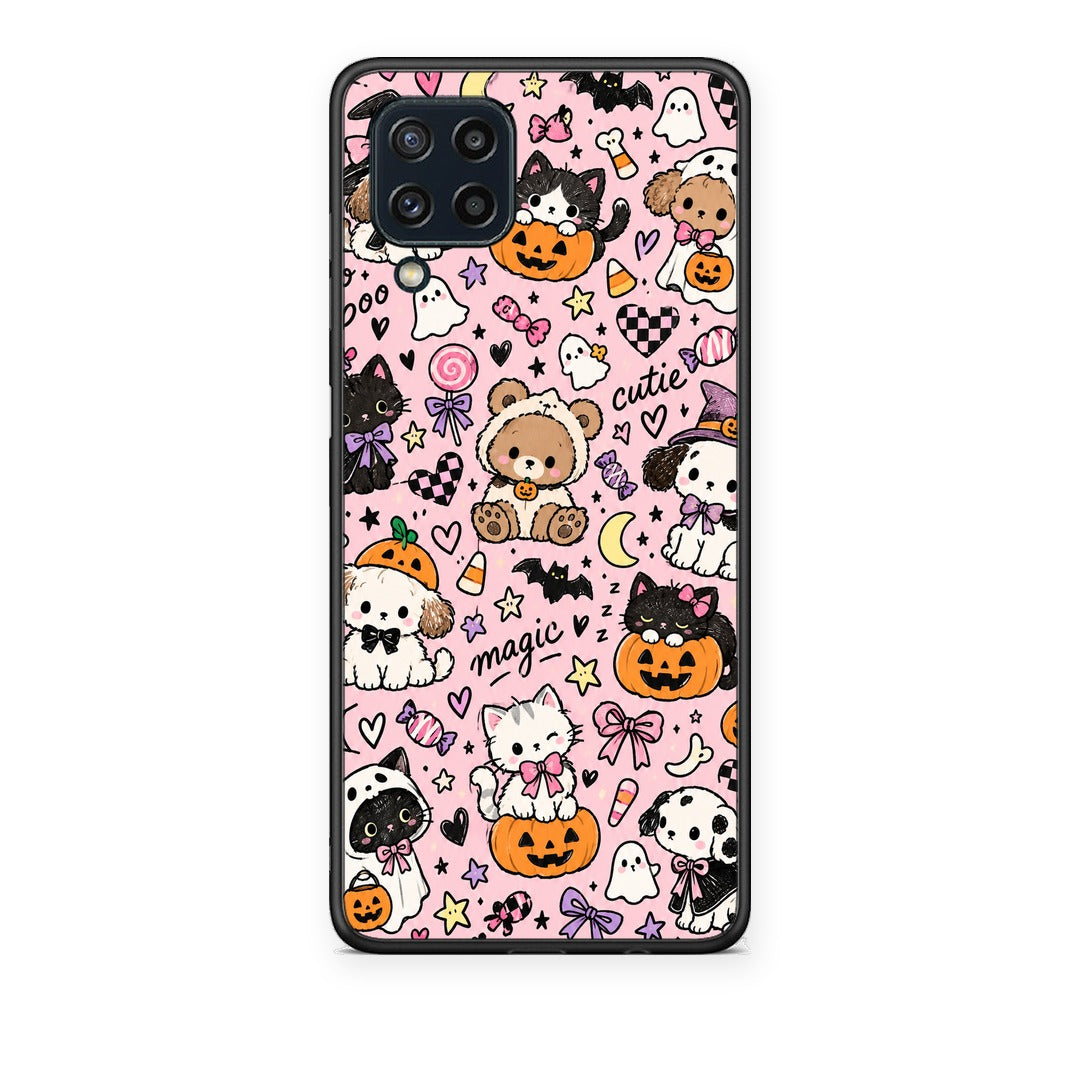 Θήκη Samsung Galaxy M32 4G / M22 Halloween Cute Animals on Pink από τη Smartfits με σχέδιο στο πίσω μέρος και μαύρο περίβλημα | Samsung Galaxy M32 4G / M22 Halloween Cute Animals on Pink case with colorful back and black bezels