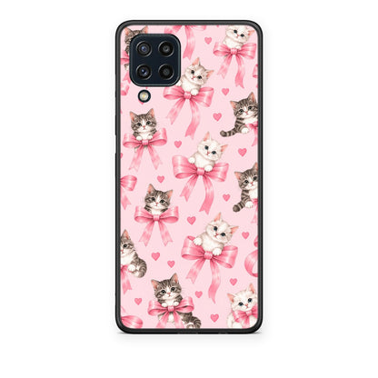 Θήκη Samsung Galaxy M32 4G / M22 Kittens and Pink Bows on Pink από τη Smartfits με σχέδιο στο πίσω μέρος και μαύρο περίβλημα | Samsung Galaxy M32 4G / M22 Kittens and Pink Bows on Pink case with colorful back and black bezels